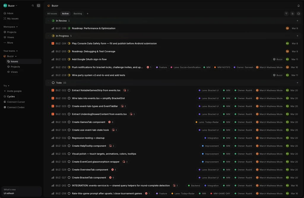 Linear project board for Buzzr